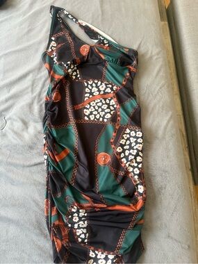 SHEIN Black Floral & Green Trim One-Shoulder Dress